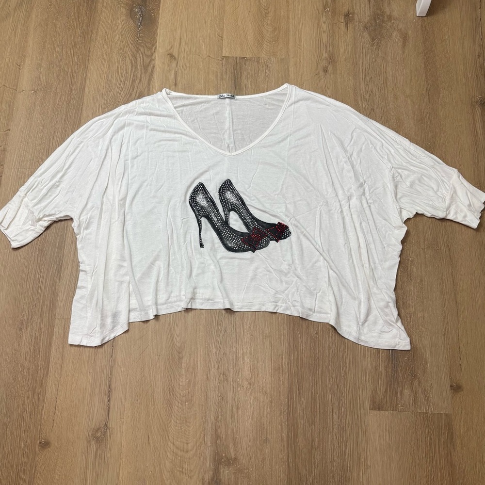 Blue Sketch Boxy WhiteCrop Top Dazzle Bejeweled High Heels Graphic